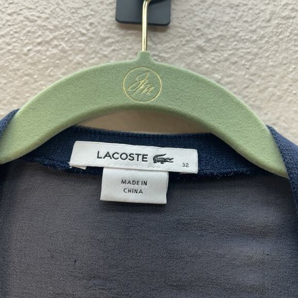 Lacoste Women’s Preppy Button Up Cardigan Navy Blue Silk Back Sheer Sz 32 XXS - Picture 3 of 5